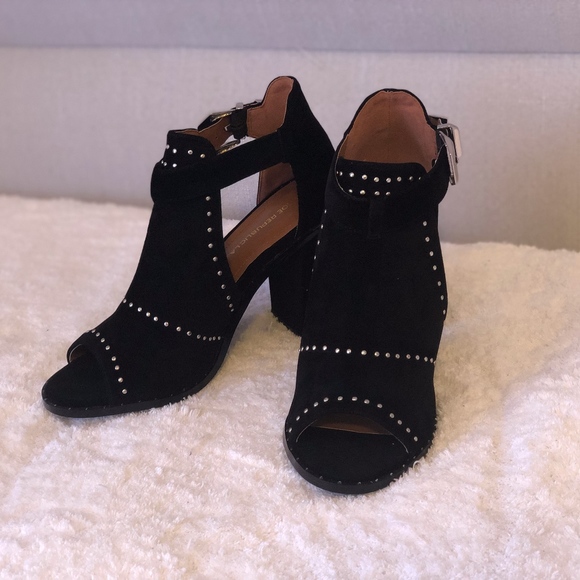 Black Studded Suede Peep Toe Booties - Picture 3 of 8